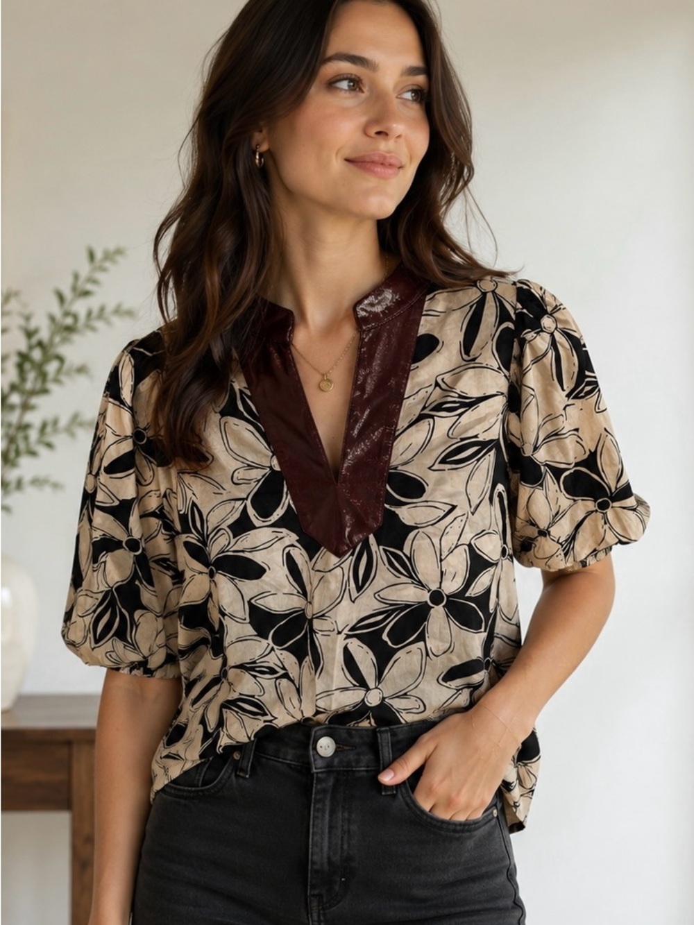 THML Faux Leather Trim Top
